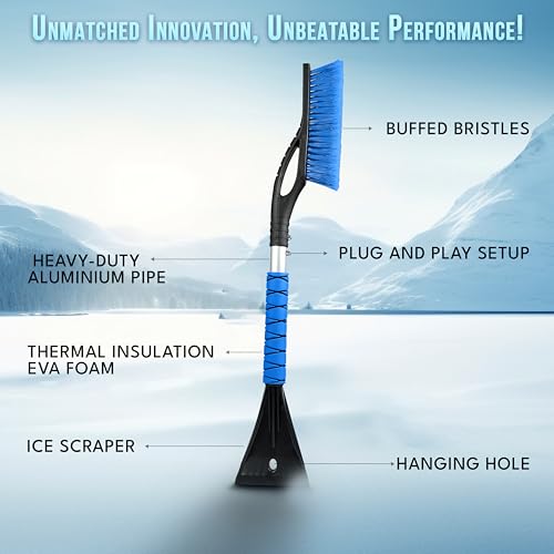 EcoNour 27" Car Snow Brush and Ice Scrapers for Car Windshield (2 Pack) | Scratch Free Bristle Head Snow Brush & Tough Window Snow Scraper with Aluminium Body | Snow Removal Winter Car Accessories