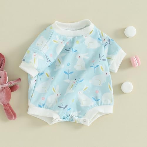 Infant Baby Girl Boy Easter Outfit Cute Bunny T Shirt Romper Oversized Bubble Onesie Floral Short Sleeve Bodysuit (Blue White Rabbit Print, 0-3 Months)