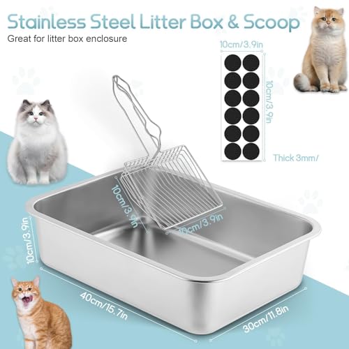 Stainless Steel Cat Litter Box, 15.7x11.8x3.9 Small Cat Metal Litter Box with Steel Scoop Anti Slip Stickers, Metal Litter Box for Kitten, Young Cats and Rabbits (Set of 1)