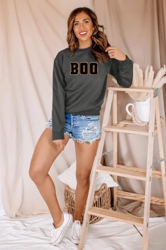 MYHALF Halloween Sweatshirt Women Boo Embroidered Sweater Cute Spooky Season Sweatshirt Fall Winter Crew Neck Pullover Tops Black