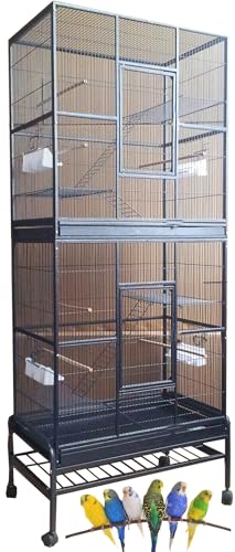 Large Double Stacker Breeding Flight Bird Wrought Iron Double Parrot Bird Separate Breeder Cages Side Nesting Box Doors Easy to Clean Bottom Grates and Trays Removable Rolling Stand