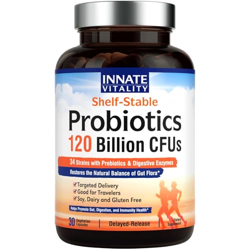 Innate Vitality Probiotics 120 Billion CFUs 34 Strains with Prebiotics & Digestive Enzymes, Digestion & Immunity Health for Women & Men, Shelf Stable, 30 Vegan Capsules