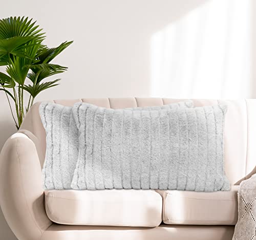 Mary Hatch Blush Pink Faux Fur Decorative Pillow Covers 12x20 inch Soft Lumbar Pillow Covers for Living Room Luxury Fuzzy Throw Pillow Cases Striped Fluffy Cushion Covers for Bed Sofa Chair Set of 2