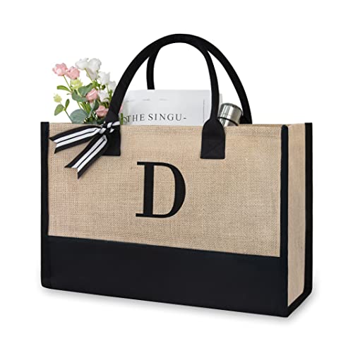 TOPDesign Embroidery Initial Canvas Tote Bag, Personalized Present Bag, Suitable for Wedding, Birthday, Beach, Holiday, is a Great Gift for Women, Mom, Teachers, Friends, Bridesmaids (Letter T)