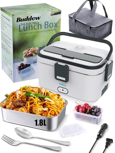 Buddew Electric Lunch Box 80W Food Heater 1.8L Large Capacity Heated Lunch Box 3 in 1 12V/24V/110V Portable Lunch Warmer for Car/Truck/Home/Office with Carry Bag and Fork and Spoon (Gray)