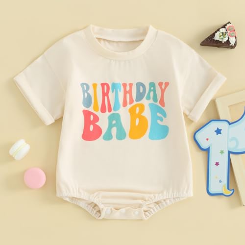 Kayotuas Baby First Birthday Outfit Boy Girl Cute Birthday Bubble Romper Colorblock Letter T Shirt Onesie Cake Smash Clothes (Birthday Babe Apricot, 6-12 Months)