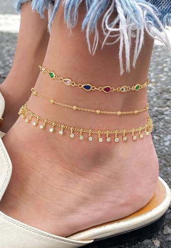 Dremmy Studios Dainty Silver Anklet for Women, Adjustable Silver Plated Layered Bar Chain Ankle Braceelts Handmade Boho Anklet Beach Jewelry for Women