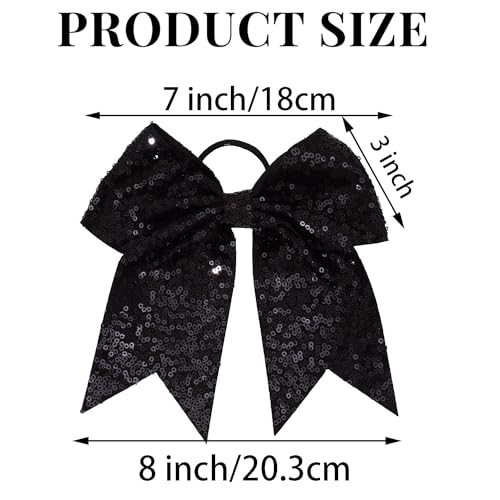 12 Pieces 8 Inch Black Cheer Bows Glitter Jumbo Cheerleading Bow with Elastic Ponytail Holder Bow Hair Tie Band Hair Accessories for School Girls Toddlers