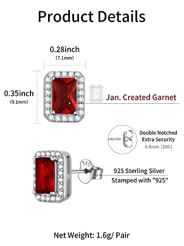 ChicSilver 925 Sterling Silver Birthstone Stud Earrings for Women, Hypoallergenic Emerald Cut Created Red Ruby Halo Stud Earrings 7MM July Birthday Jewelry Gift