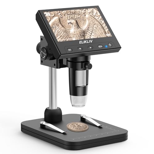 Elikliv Coin Microscope, 4.3'' LCD Digital Microscope 1000x, Coin Magnifier with 8 Adjustable LED Lights, PC View Compatible with Windows/Mac, EDM4B, Black