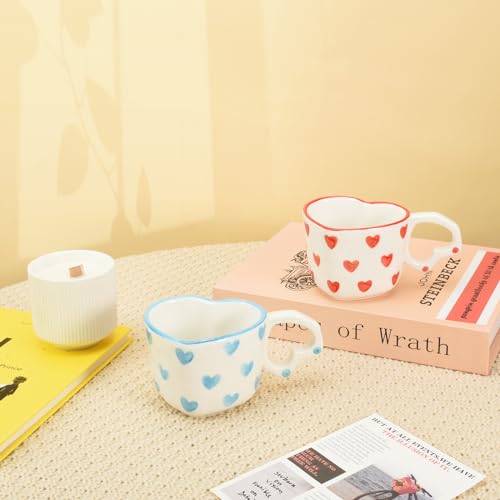 Koythin Ceramic Coffee Mug, Cute Creative Heart Handle Mug Design for Office and Home, Dishwasher and Microwave Safe, 8.5 oz/250 ml for Latte Tea Milk (Blue Heart)