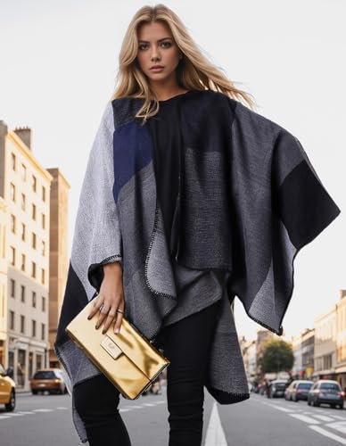 PAMEILA Women's Travel Plaid Shawl Wraps Open Front Poncho Cape Warm Oversized Sweaters Casual Cardigan Shawls for Fall Winter,Series 04-Houndstooth