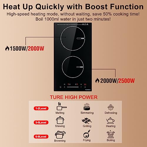 ECOTOUCH Induction Cooktop 2 Burner 12 inch with Booster 3500W Built-in Glass Ceramic Electric Induction Burner Drop in Hot Plate 12" Induction Cooktop,True High Power