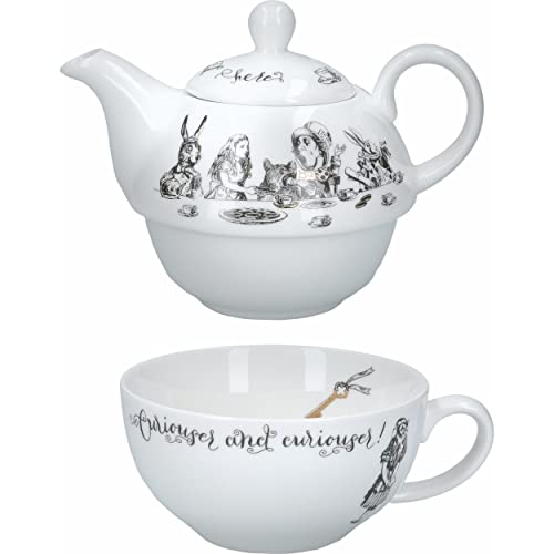 CREATIVE TOPS Tea for One Teapot and Cup Set in Gift Box, Fine China, 250 ml, Gold,white, Alice in Wonderland themed