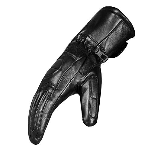Men’s Winter Gauntlet Motorcycle Gloves, 100% Natural Sheep Leather, Thinsulate Thermal Heated Lining, Full Windproof Cold Weather Water Resistant, Reinforced Warm Biker Driving Glove Black S
