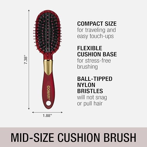Conair Velvet Touch hairbrush set - Travel hair brush - suitable for curly or straight styles - features soft touch handle with bonus headband - Red/Black