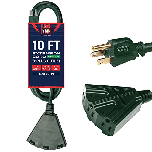 Lone Star 3 Outlet Outdoor Extension Cord 10 ft, 16/3 Weatherproof 10’ Green Extension Cord with Multiple Outlets 3 Prong, 13 AMP Heavy Duty Exterior Power Cable Multi Plugs for Landscaping & Lawn
