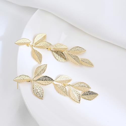 Gold Long Leaf Stud Earrings Handmade Leaf Dangling Earrings for Women Plant Earrings for Gift