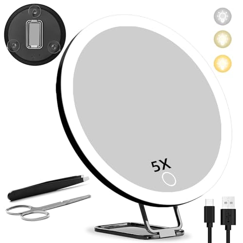 5X Makeup Magnifying Mirror with Lights, 6'' Magnifying Mirror with 3 Color Lights Dimmable Makeup Mirror with 5X Magnification, Lighted Travel Magnifying Mirror with Suction Cups and Adjustable Stand