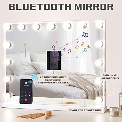 COOLJEEN Hollywood Lighted Vanity Mirror with Bluetooth, USB Charging, 15 Dimmable LEDs, 3 Color Lighting - Touch Control