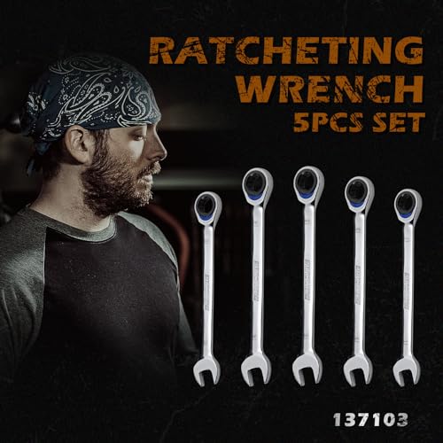 ironcube Ratcheting Wrench Set, 5-Piece, Metric 10mm to 15mm, Chrome Vanadium Steel, 72 Tooth Gear with Storage Rack