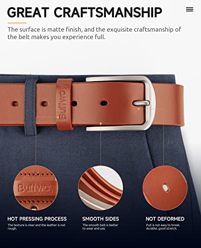 Buffway Mens Belt Full Grain Genuine Leather Belts for Men Casual Jeans or Dress with Gift Box 1 3/8”Wide Size 56” - Brown