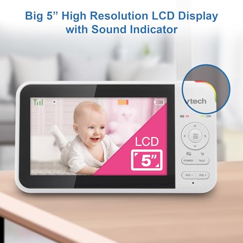 VTech VM924 5" Screen Remote Pan-Tilt-Zoom Baby Monitor with Camera&Audio,Up to 31Hrs Battery for Audio&17Hrs Video Streaming, Long Range Up to 1000ft,Night Vision,Soothing Sound,Temperature Sensor