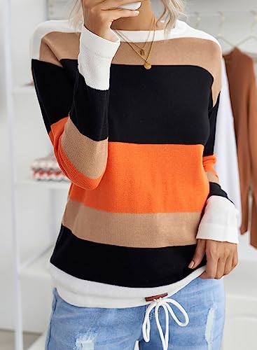 Dokotoo Sweaters for Women Color Block Sweater Round Neck Striped Winter Sweaters for Women Tops for Women Trendy Light Green Medium