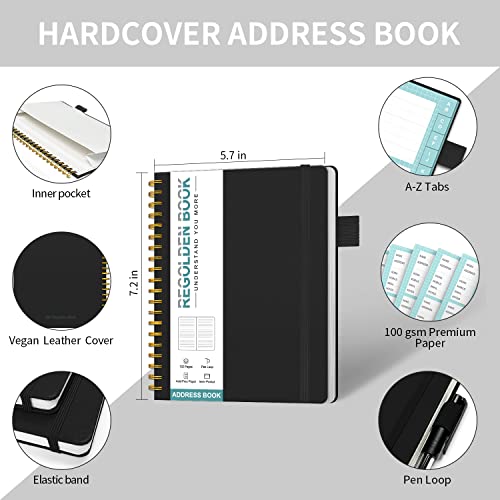 Regolden-Book Address Book with Alphabetical Tabs, Hardcover Address Organizer for Record Contacts, Telephone Book for Seniors, Internet Log Book Journal with Password, Pen Loop, Pocket, (5.7x7.2")