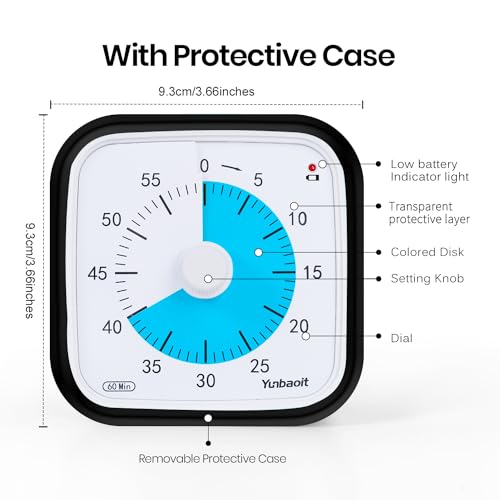Yunbaoit Upgraded Black Visual Timer with Protective Case, Silent 60 Minute Countdown Timer for Kids and Adults with Low Power Reminder VT01(Black Blue)