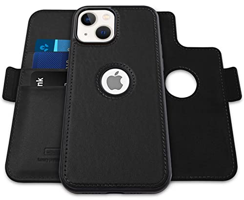 WenBelle for iPhone 13 (6.1 inch), 2-in-1 Magnetic Detachable TPU Shockproof Genuine Leather Wallet Case,RFID Blocking Protection,Viewing Stand and Card Slots Flip Cases (Black)