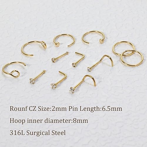 DAILI 12PCS 20G Nose Rings Studs, Surgical Steel Nose Ring L Shaped Corkscrew Bone Nose Stud Gold Nose Ring Hoop Nose Piercing Jewelry Hypoallergenic Cubic Zirconia Nose Stud Set for Women Men