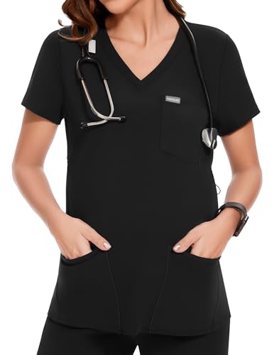 POSHGLAM Women's Maternity Scrubs Top Workwear V-Neck Medical Shirts Pregnancy Scrub Clothes(Black, Small)