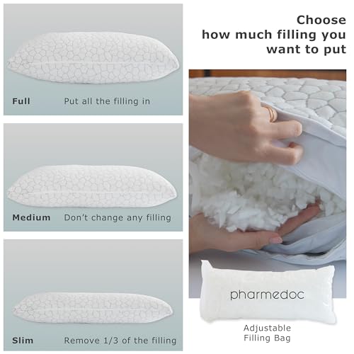 Pharmedoc Adjustable Shredded Memory Foam Curved Pillow - Side Sleeper Pillow -Ergonomic Curved - Neck Pillow for Pain Relief - Queen Bed Pillow 2 Pack