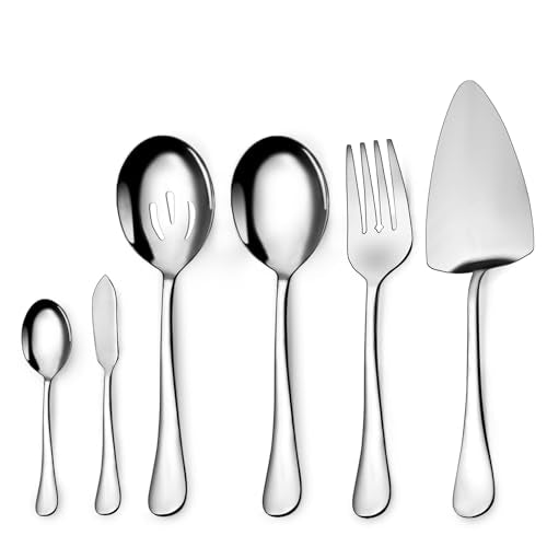 Serving Utensil Set,6piece Serving Utensil Setwith Serving Spoons，Serving Forks，Serving Tongs Soup Ladle and Pie Server Buffet Catering Serving Utensils,Dishwasher Safe (5.5-11Inch-Serving Set-6pcs)