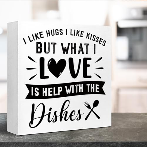 Funny Kitchen Wood Block Signs,I Like Hugs I Like Kissesx Wooden Box Sign for Kitchen Shelf Home Tabletop Desk Decor,Rustic Kitchen Sign Decor