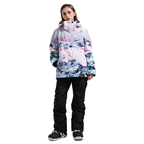 GSOU SNOW Women's Ski Jacket and Pants Waterproof Windproof Snowsuit Snowboarding Snow Coat Insulated Winter Warm,Flower Black S