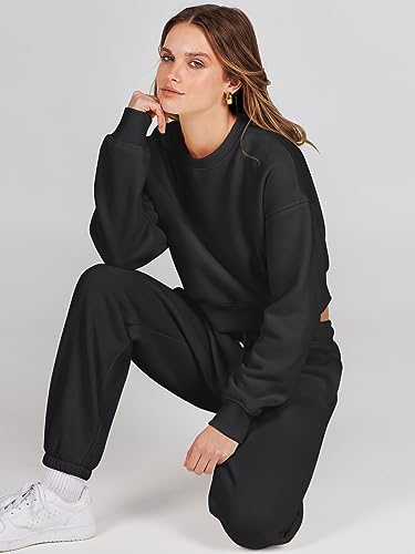 ANRABESS Women's Two Piece Outfits Long Sleeve Crop Sweatshirt and Jogger Pants Lounge Sweatsuit Sets Tracksuit with Pockets Medium