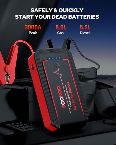 Jump Starter 3000A, BOOKOO Car Battery Jumper Starter Portable, 12V Jump Start Battery Pack up to 7.2L Gas or 8.0L Diesel Engine Jump Starter with Power Bank/QC3.0/Dual Output/LED Light