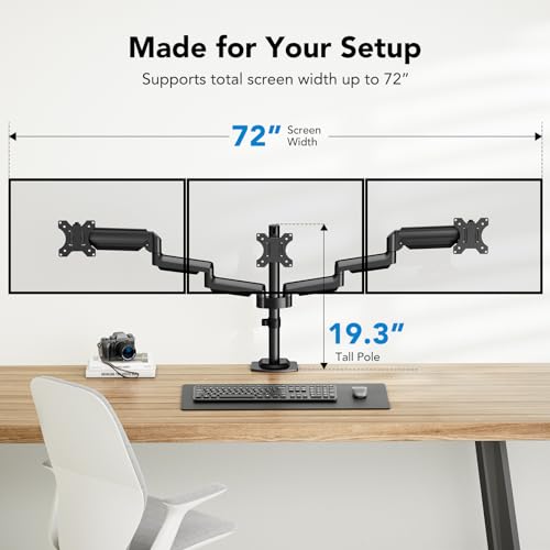 HUANUO Triple Monitor Mount for 13-27 inch Computer Screens, Triple Monitor Stand with Gas Springcore Arm Holds 17.6lbs, 3 Monitor Stand Desk Mount with Tilt, Swivel, Rotation, VESA 75x75, 100x100mm