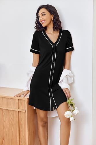 Ekouaer Womens Nightgown Button Down Sleep Shirts Short Sleeve Nightshirt V-Neck Sleepdress Soft Sleepwer, Black, Small