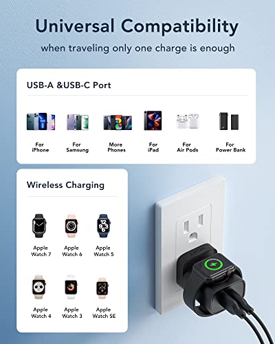 VRURC for Apple Watch Charger, PD 20W 3-in-1 Fast Charging Block with Magnetic Wireless Charging & Dual Ports, Foldable Plug USB C Wall Charger for iPhone 15 14 13, Android,Tablets etc-Black