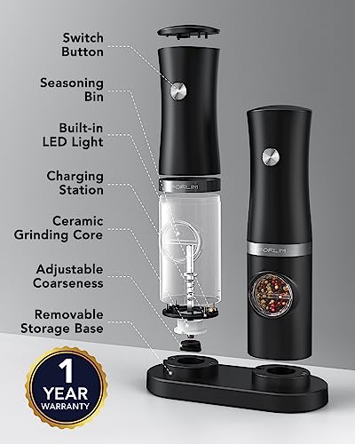 FORLIM Rechargeable Electric Salt and Pepper Grinder Set with Charging Base, Automatic Pepper Mill, Adjustable Coarseness, White LED Light, USB Type-C Cable, One Hand Operation, 2 Mills