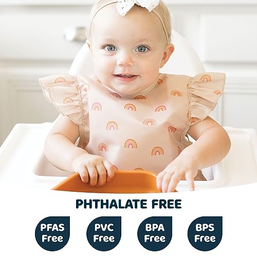 Tiny Twinkle Mess Proof Baby Bib - Waterproof Apron Machine Washable PVC, BPA, & Phthalate Free Great Travel for Eating Food Bibs (Boho Rainbow, Small 6-24 Months)