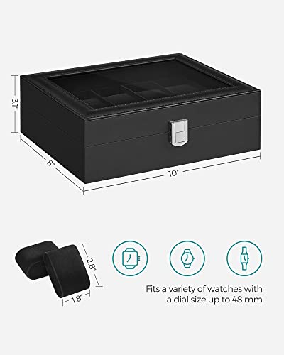 SONGMICS Watch Box, 10-Slot Watch Case with Large Glass Lid, Removable Watch Pillows, Watch Box Organizer, Gift for Loved Ones, Black Synthetic Leather, Black Lining UJWB010B02