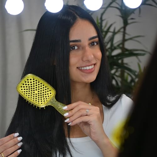 FHI Heat UNbrush Detangling Brush for Pain-Free Brushing on All Wet or Dry Hair Types — Durable DuoFlex Anti-Static Bristles, Lightweight Handle, Vented Hair Brush, Amber Yellow