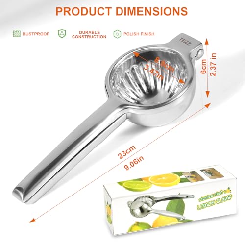 TEZZ Upgrated Extra Large Lemon Squeezer, Heavy Duty Handhelp Orange Juicer with 3.47'' extra big Filter Bowl, Stainless Steel Hand Press Citrus Juicer, Lime Squeezer Bar Tool, Manual Citrus Press