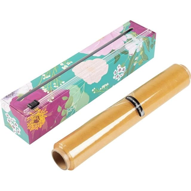 Chicwrap Spring Flowers Refillable Plastic Wrap Dispenser - One 12" x 250' Roll of Professional Grade Plastic Wrap - BPA Free and Kosher Certified - Reusable Dispenser w/Slide Cutter