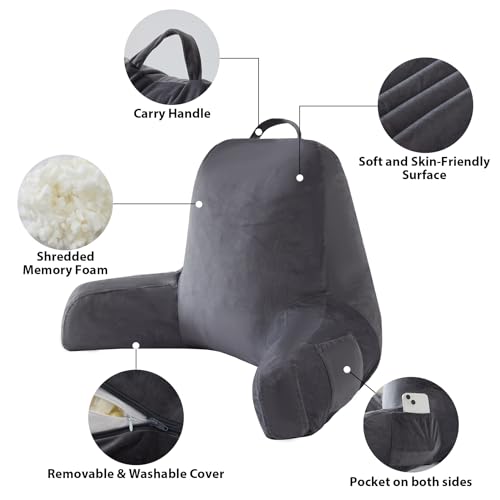 IPYNBAP Reading Pillow with Arms for Adults, Back Pillow for Bed Sitting Up, Shredded Memory Foam Backrest Pillow with Pockets & Removable Washable Cover, Lounging, Watching TV, Reading(18inch Grey)