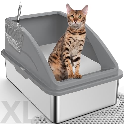 Stainless Steel Cat Litter Box, Extra Large Litter Boxes for Big Cats, XL Metal Cat Litter Box with Lid, Anti-Urine Leakage, Non-Sticky, Include Cat Mat and Litter Scoop